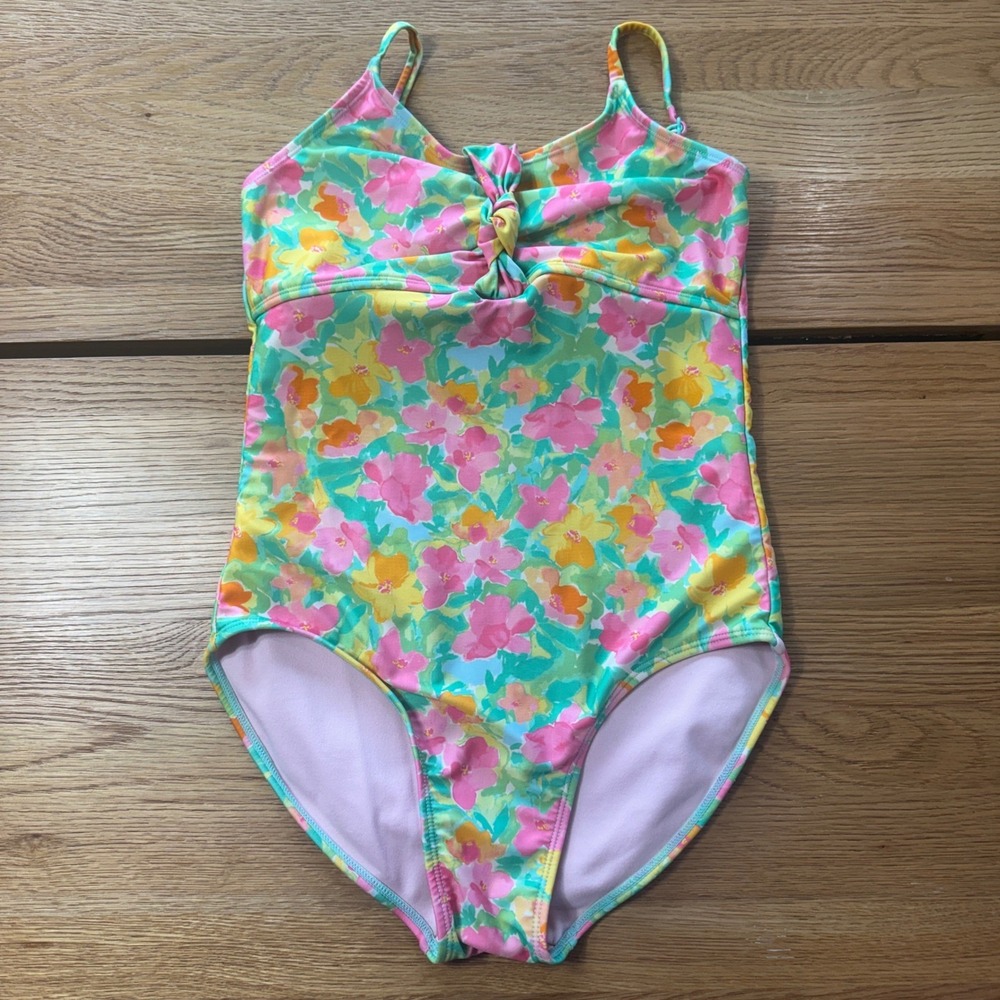 Cat & Jack Girls XL 14 One Piece Swimsuit Floral Pink Yellow Green Twist Keyhole